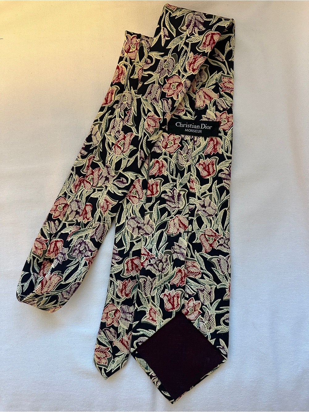 Dior Black Tie with Gokd, Red and Purple Floral Pattern